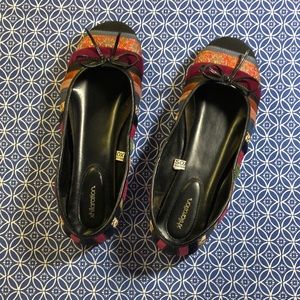 Cute flats - red, pink, black, multicolor ribbon detail.